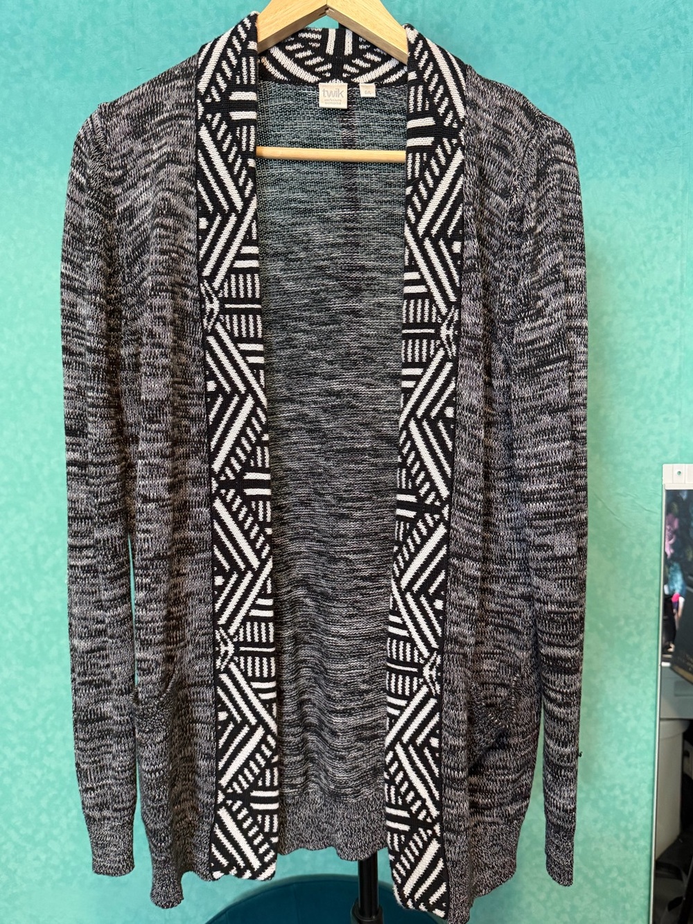 ๐ค๐ซtwik 100% Cotton-Black & White Geometric-Trim Open Cardigan